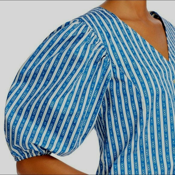 Tory Burch Gemini Link Button Front Top Size 12 Blue Stripes Cotton Puff Sleeves - Picture 3 of 14